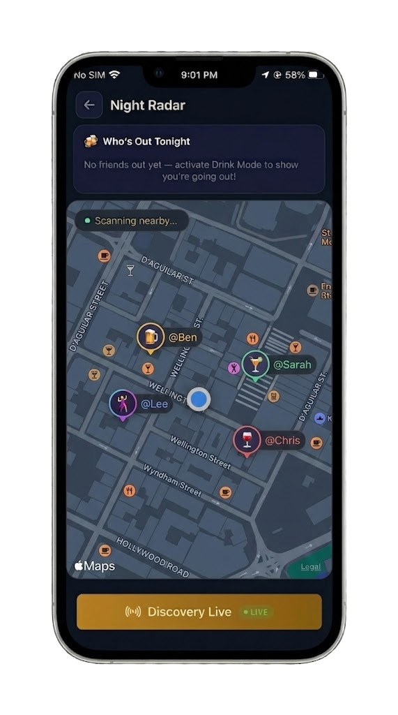 NiteCrew app screenshot showing Night Radar with Drink Mode and live map